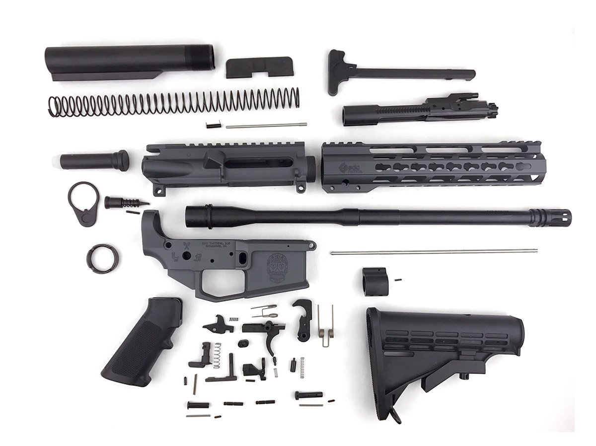 image of ar-15 weapon disassembled and knolled.